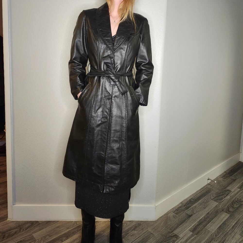 Vintage Real Leather Black Trench Coat Jacket Sz xs